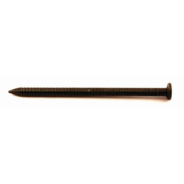 A close-up image of a single, dark metallic nail with a flat head and a pointed tip, photographed against a plain white background.