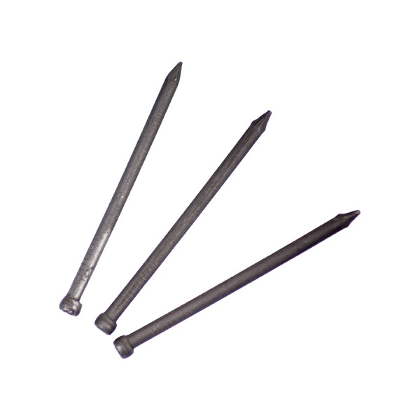 Three metal nails with flat heads and pointed tips are arranged diagonally on a white background.,