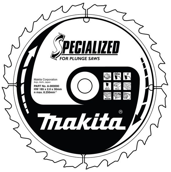 Black and white illustration of a Makita circular saw blade labeled SPECIALIZED for Plunge Saws, with technical specifications and usage icons for wood and saw compatibility.