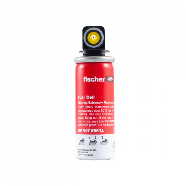 A red Fischer fuel cell canister with a black and yellow nozzle, labeled with safety warnings and instructions. The label warns DO NOT REFILL and highlights flammable contents. The can is set against a white background.