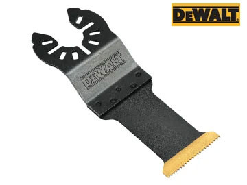 A DeWalt oscillating multi-tool blade attachment with a black body and gold-colored serrated edge, shown on a white background with the DeWalt logo in the top right corner.