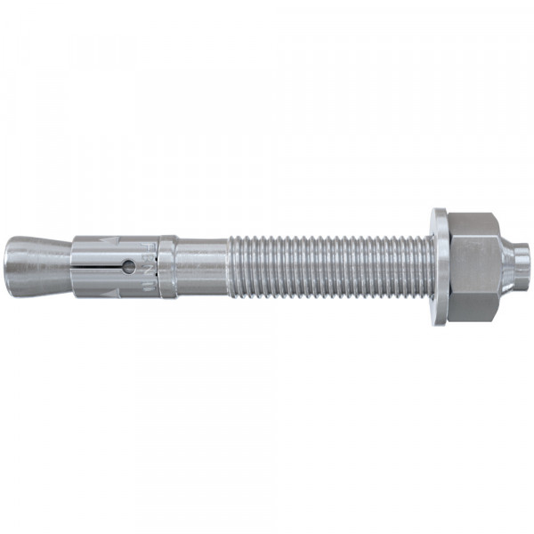 A metal anchor bolt with a threaded end, a hex nut, and an expanding sleeve, used for securing objects to concrete or masonry surfaces.