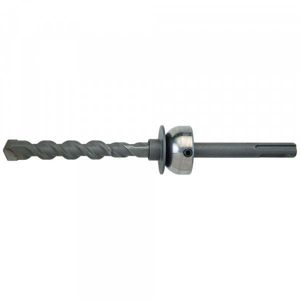 A metal SDS drill bit with a spiral flute and attached depth stop collar, designed for use with rotary hammer drills.