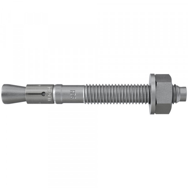 A metal wedge anchor bolt with a threaded shaft, hex nut, and washer, designed for securing objects to concrete or masonry surfaces. The left end has an expansion clip, while the right end is threaded.