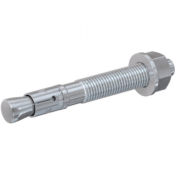A close-up of a metal anchor bolt with a hex nut and washer, featuring a threaded shaft and an expansion sleeve at one end.