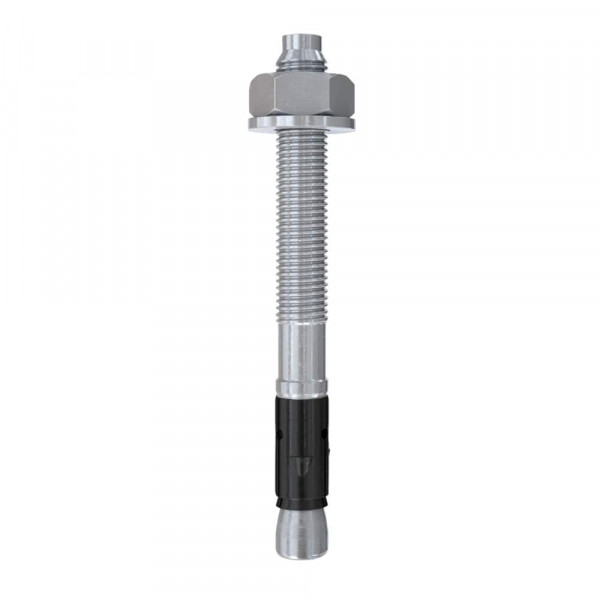 A close-up of a metal anchor bolt with a hex nut and washer, featuring a threaded shaft and a black expansion sleeve near the bottom.
