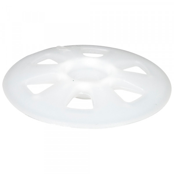 A white, round plastic disc with a central hole and several evenly spaced cut-out sections around it, resembling a wheel or spacer, against a plain white background.