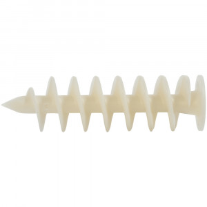 A close-up of a white plastic wall anchor with a pointed tip and a wide spiral thread, shown on a plain white background.