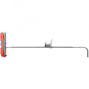 A metal and plastic meat thermometer with a digital display, featuring a long probe and a red handle, designed for measuring the internal temperature of food.