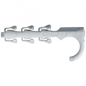 A white plastic wall plug with multiple expandable prongs, a curved hook at one end, and the word fischer embossed on the side.