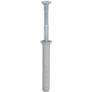 A metal screw partially inserted into a gray plastic wall plug, commonly used for securing fixtures to walls.