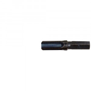 A single black hex shank screwdriver bit, horizontally positioned on a white background with space around it.