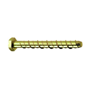A gold-colored hex head concrete screw bolt with a spiral thread, shown on a white background.