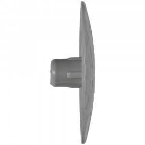 Side view of a gray plastic fastener with a round flat head and a short cylindrical stem. The surface of the head appears textured with a geometric pattern.,