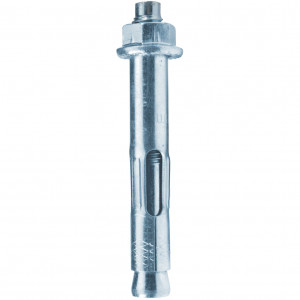 A close-up of a metal wall anchor bolt with a hexagonal nut at the top, used for securing objects to walls or other solid surfaces.