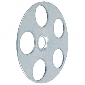 A round, flat metal disc with a small central hole and five larger holes evenly spaced around it, giving it a spoked-wheel appearance.