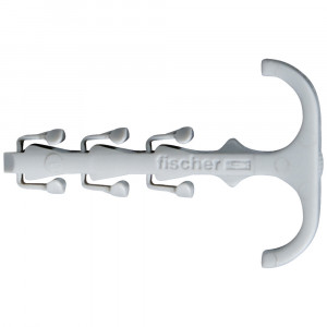 White plastic wall plug with four expanding prongs and a curved T-shaped handle, branded with the word fischer, viewed from above on a white background.
