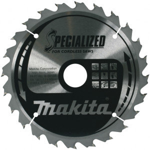 A circular saw blade labeled Makita Specialized for Cordless Saws with sharp teeth around the edge and specifications printed on the metal surface.,