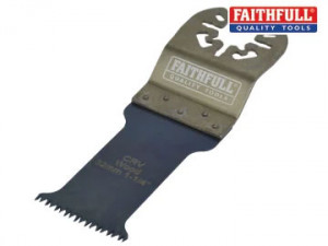 Oscillating multi-tool saw blade labeled FAITHFULL QUALITY TOOLS with a toothed edge, designed for precise cutting; the Faithfull logo is also visible in the top right corner.