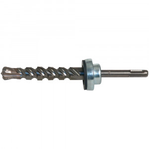 A close-up of a masonry drill bit with a spiral fluted shaft and a metal collar, designed for use with a rotary hammer drill. The tip is shaped for drilling into concrete or brick.