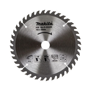 A circular saw blade with sharp teeth, labeled Makita HW No.D-03349 165 x 20mm and icons indicating specifications for wood cutting, 18° angle, 2mm thickness, 40 teeth, and a maximum speed of 9250 RPM.