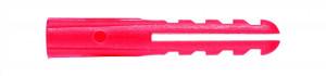 Close-up of a red plastic wall plug (rawlplug) with ridges and a central split, used for securing screws in masonry or drywall.