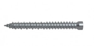 A close-up image of a single metal screw with a pointed tip and helical threads, lying horizontally on a white background.