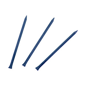 Three blue steel nails are arranged diagonally on a white background, each with a pointed tip and a flat head.