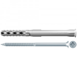 A grey wall plug and a silver screw with a star-shaped drive are shown side by side on a white background.,