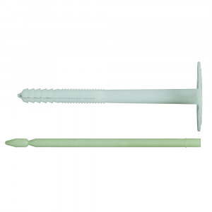 Two plastic wall plugs: one with a wide flat round head and ridged shaft, the other a smooth, thin rod with a rounded tip, both lying horizontally on a white background.