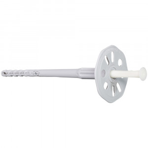 A gray plastic wall plug with a round perforated head and a white center pin, commonly used for securing insulation boards to surfaces.