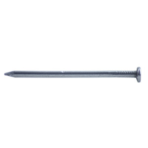 A close-up of a single metal nail with a flat head and pointed tip, shown against a white background.