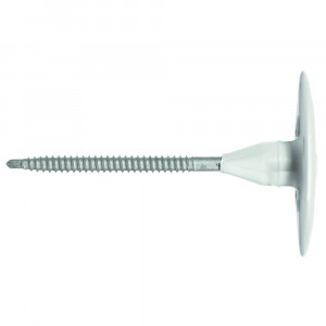A metal screw with a wide, flat white plastic washer attached near the head, shown in a horizontal position on a white background.