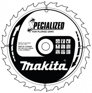 Black and white illustration of a Makita circular saw blade labeled SPECIALIZED for Plunge Saws, with technical specifications and usage icons for wood and saw compatibility.