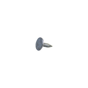A single metal roofing nail with a wide, flat head and a short, pointed shank, isolated on a white background.