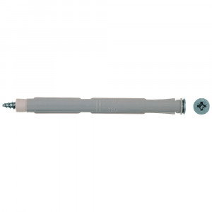 A gray wall plug anchor with a screw, both placed side by side on a white background.