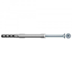 A gray plastic wall plug with attached metal screw, shown horizontally against a white background. The screw head is on the right, and the wall plug has expansion slits on the left end.