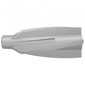 A 3D-rendered, silver-colored, cylindrical metal tool with helical flutes, likely a reamer or cutting tool, viewed from an angle showing its length and spiral blade design.