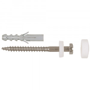 A metal screw with a wall plug, a white washer, a hex nut, and a white cap, all separated and aligned horizontally on a white background.