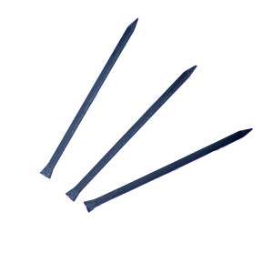 Three black metal nails with flat heads and pointed tips are arranged diagonally on a white background.,
