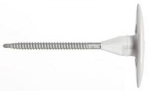 A metal screw with a wide, flat, white plastic washer attached near the head, shown on a white background.