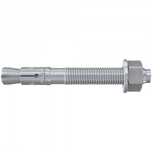 A metal anchor bolt with a threaded end, a hex nut, and an expanding sleeve, used for securing objects to concrete or masonry surfaces.
