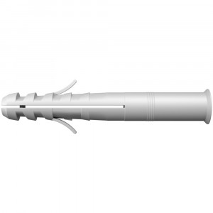 A white plastic wall plug anchor with a cylindrical body, ribbed sides, and expanding fins, designed for securing screws in drywall or masonry.
