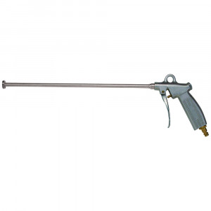 A long metal air blow gun with a trigger handle and an extended nozzle, commonly used for cleaning dust and debris in workshops or industrial settings.