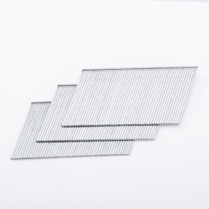 Four overlapping strips of metal nails are arranged in a diagonal pattern on a white background.,