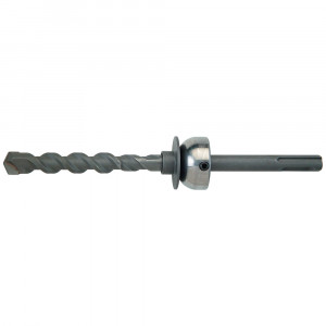 A metal SDS drill bit with a spiral flute and attached depth stop collar, designed for use with rotary hammer drills.