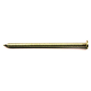 A close-up of a single, shiny metal nail with a flat head and pointed tip, positioned horizontally on a plain white background.