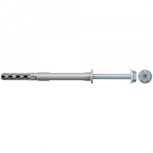A gray plastic wall plug and a metal screw with a hexagonal head are shown aligned horizontally on a white background.,