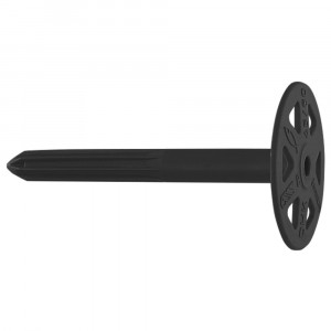 A black plastic wall plug with a round, flat disc at one end and a pointed tip at the other, designed for securing insulation boards to walls.