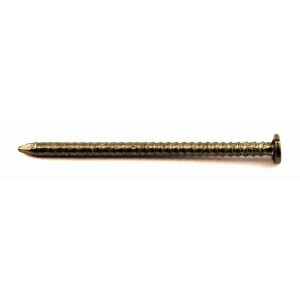 A single metal nail with a flat head and pointed tip, shown horizontally against a white background. The nail has a textured shaft and appears to be made of dark-colored metal.